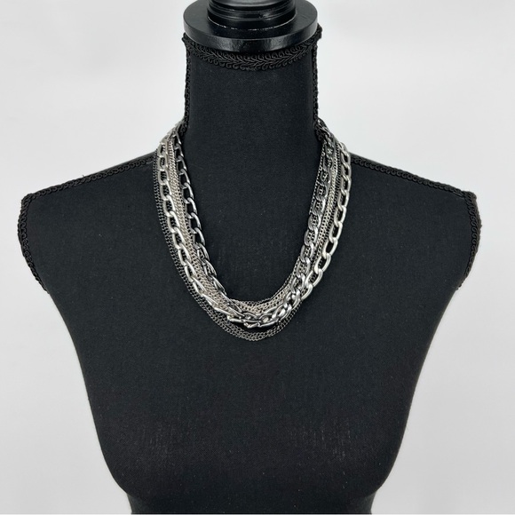 Layered Mixed Metal Chain Necklace Multi Strand Gunmetal Silver Edgy Punk Goth - Picture 10 of 15